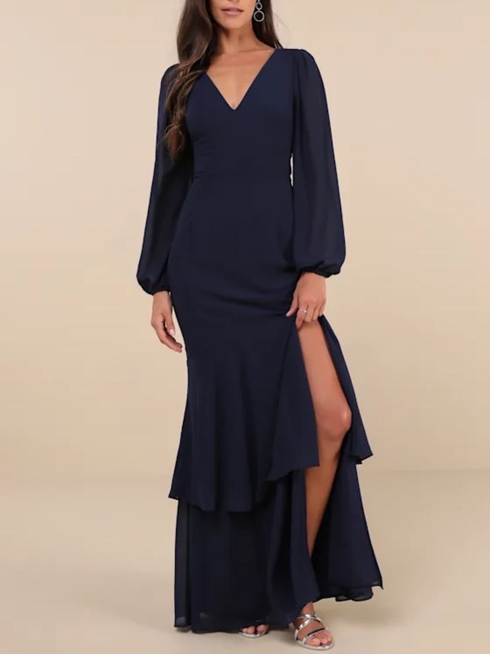Lulus Tier Elegance Navy Long Sleeve Tiered Maxi Dress Size XXL NWT